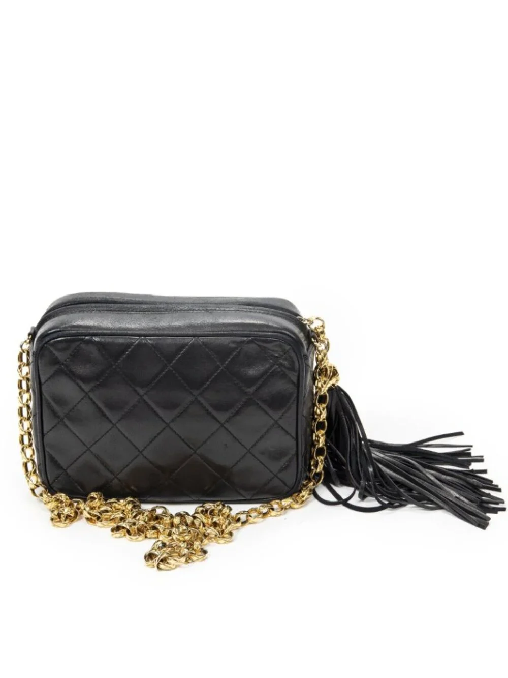 Chanel CC Logo Fringe Chain Shoulder Bag Black Quilted Lambskin Leather